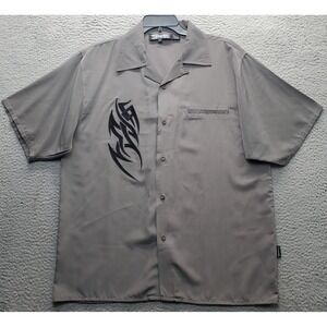 Dragonfly Casual Shirt Men XL Gray Embroidered Tribal Graphic Collared Button Up